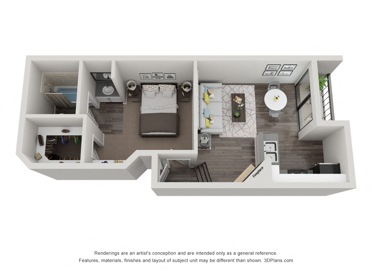 Floor plan for studio, 1 bath, 595 sqft